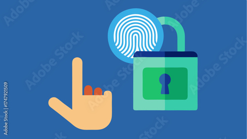 A hand scanning a fingerprint next to a digital padlock illustrating biometric data protection.