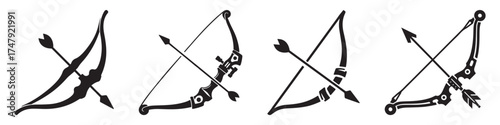 Modern Minimalist Hunting Bow Icon, Flat Silhouette of an Archery Weapon Vector for Outdoor Illustration Design