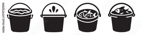 Modern Minimalist Bucket With Fish Icon, Flat Silhouette of a Fishing Container Vector for Aquatic Illustration Design