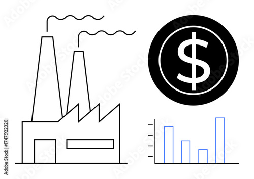 Factory emitting smoke, dollar sign symbolizing finances, and a bar chart visualizing data. Ideal for industry, economy, finance, growth metrics, manufacturing, business simple flat metaphor