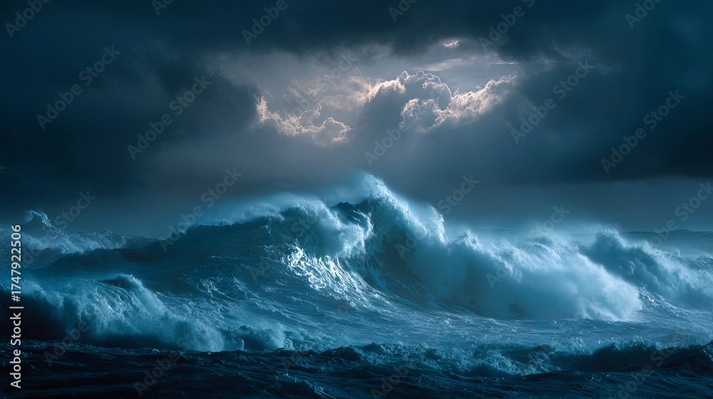 Fototapeta premium Dramatic ocean waves crash under stormy skies, showcasing nature's raw power and beauty.