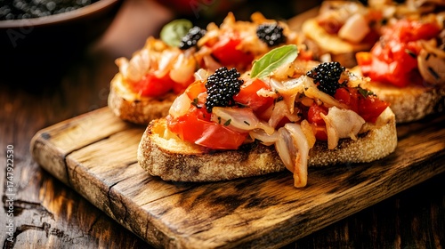 Elegant bruschetta appetizers topped with caviar on rustic wooden board, gourmet food