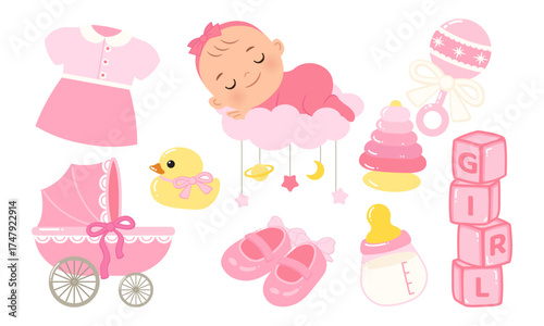 Cute baby girl gender reveal announcement element set