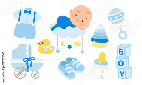 Cute baby boy gender reveal announcement element