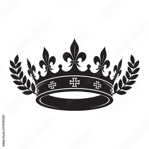  Elegant black silhouette of a royal crown adorned with fleur de lis and laurel leaves on a white background silhouette