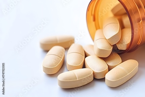 Close-up of beige pills spilling from an open bottle on white surface