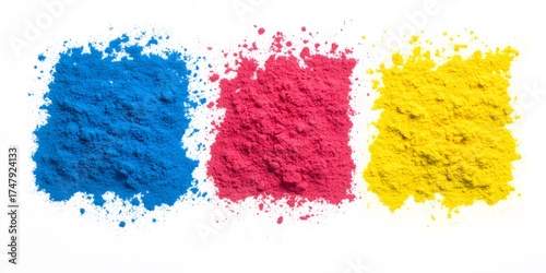Bright colorful powder pigments isolated on white background in blue pink yellow