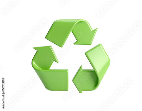 Glossy, 3D rendered green recycling symbol on a stark, black background