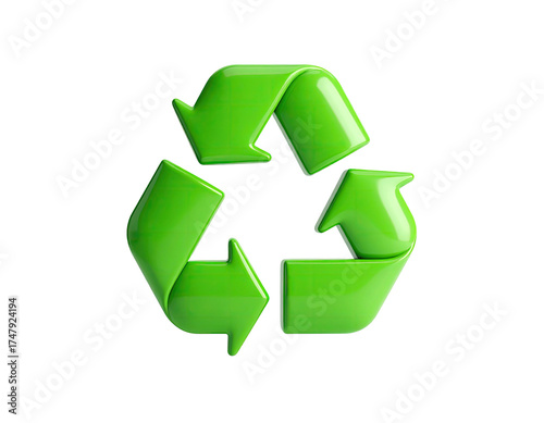 A vibrant, glossy green symbol of three arrows in a circular shape against black