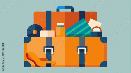 A suitcase overflowing with clothes travel accessories and a travel guidebook emphasizing packing for an adventure.