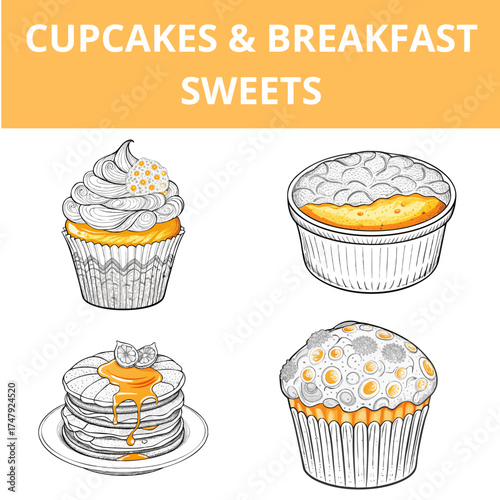 Cupcake and breakfast dessert illustrations in hand-drawn vector style