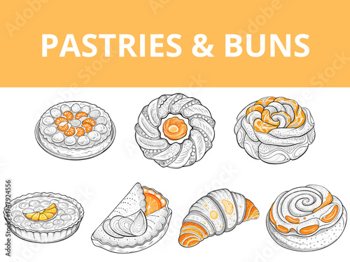 Assorted pastry and bun illustrations in decorative vector hand-drawn style