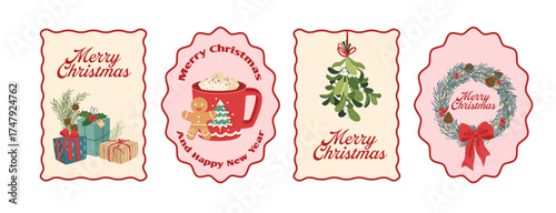 Merry Christmas and Happy New Year greeting card Set. Modern beautiful Xmas design with typography, Christmas tree branches, balls, snowflake pattern. Minimal art banner, poster, cover templates