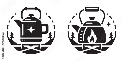 Modern Minimalist Camping Kettle Icon, Flat Silhouette of a Portable Cookware Vector for Outdoor Illustration Design