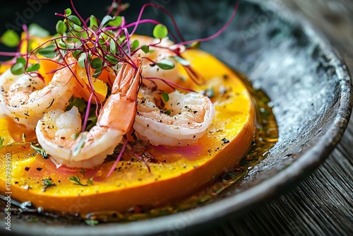 Gourmet Shrimp and Squash Dish with Microgreens, Generative AI.
