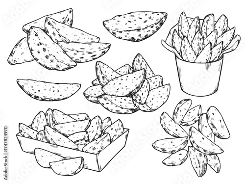 Set of isolated hand drawn potato wedges outline drawing illustration