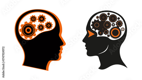 Illustration of human head with gears inside representing thinking process and innovation concept design art on transparent background