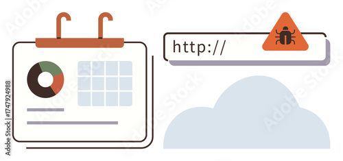 Calendar with pie chart and grid, URL bar with malware warning symbol, and cloud visual. Ideal for cybersecurity, data protection, malware warning, online risk, phishing, threat detection IT safety