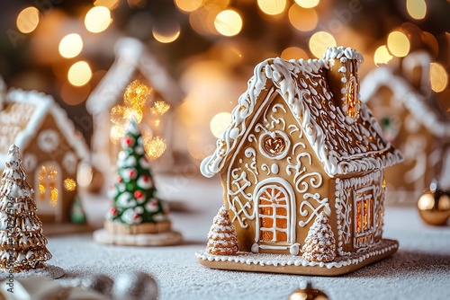 Festive Gingerbread House and Christmas Tree Decorations with Bokeh Lights, Generative AI.