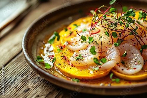 Gourmet Scallop and Shrimp Ceviche with Citrus and Microgreens, Generative AI.
