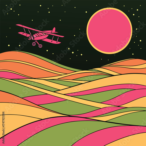 Biplane flying over colorful rolling hills at night