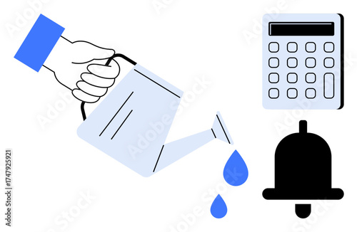 Hand holding watering can releasing droplets, next to a calculator and alarm bell. Ideal for growth, finance, investment, productivity, planning, reminders time management. Simple flat metaphor