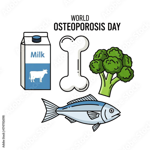 Illustration celebrating World Osteoporosis Day, featuring milk, bone, broccoli, and fish.
