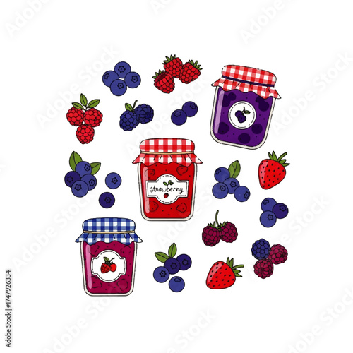 Colorful illustration featuring three jars of homemade jam, accompanied by various fresh berries.