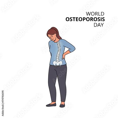 Illustration depicting a woman experiencing back pain, showing the skeletal structure, related to osteoporosis.