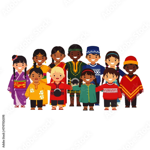 Diverse group of children wearing traditional clothing from various cultures, standing together with smiles.