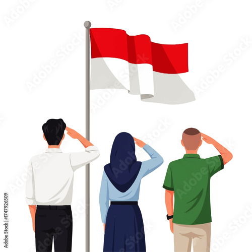 Three individuals saluting the Indonesian flag, honoring their nation with respect.