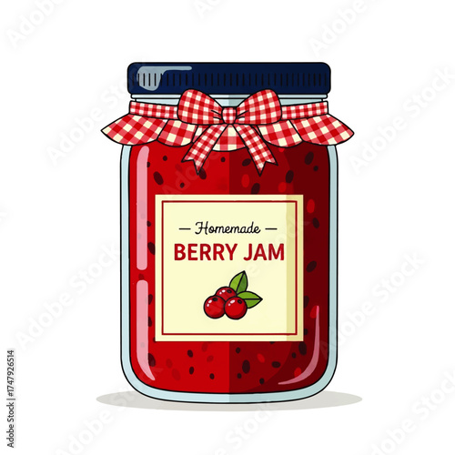 Illustration of a glass jar filled with homemade berry jam, decorated with a checkered ribbon and label.
