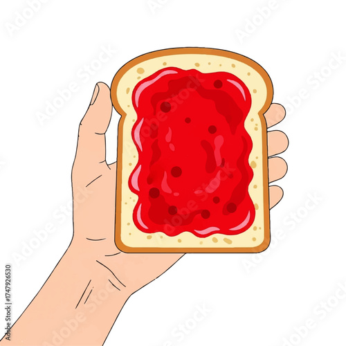 A hand holding a single slice of bread generously spread with red jam.