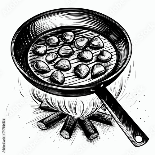 Illustration of chestnuts roasting in a pan over an open fire