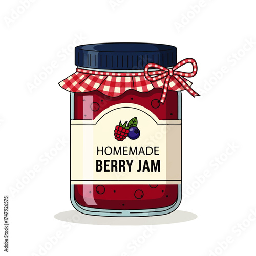 Illustration of a jar of homemade berry jam with a checkered fabric cover and bow, isolated on white.