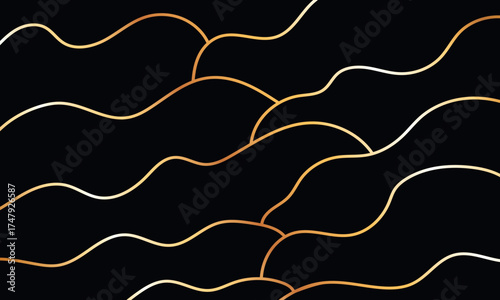 illustration of vector background with striped pattern, gold colored waves on black background	
