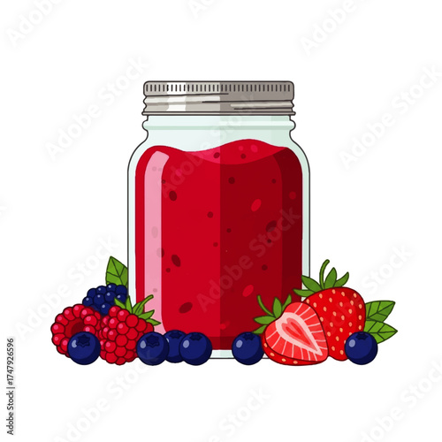 A jar filled with bright red berry jam, surrounded by fresh fruit.