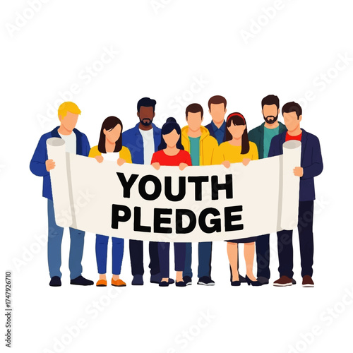 A diverse group of young people holding a banner with the words "Youth Pledge" displayed prominently.