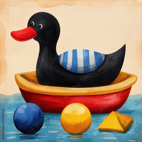 Colorful Rubber Duck in Toy Boat with Shapes and Balls on Water