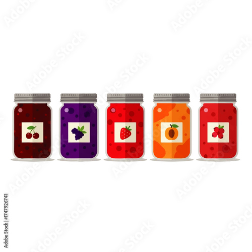 Five jars of various fruit jams are displayed in a row against a white background.
