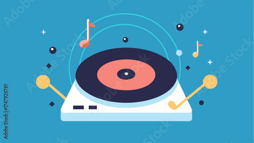 A representation of a vinyl record spinning on a turntable with musical notes emanating from it in a creative flow.