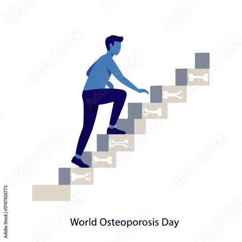 A stylized illustration depicting a person climbing stairs designed as bone structures, symbolizing health.