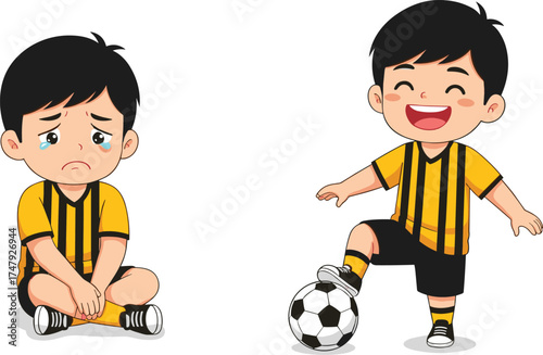 Cute cartoon boy soccer player showing sad and happy emotions, emotional contrast concept of losing and winning sports illustration