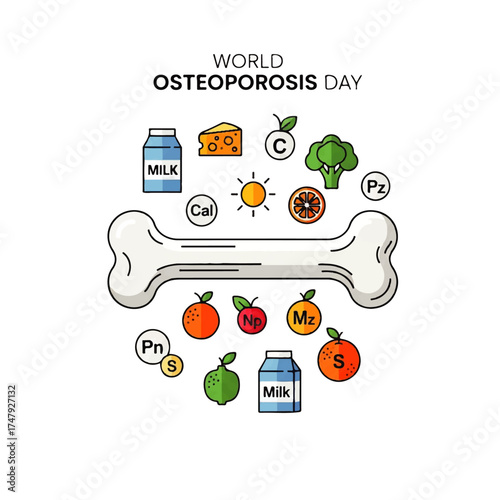 Illustration highlighting bone health, featuring a bone surrounded by nutritious food and supplements, promoting awareness.