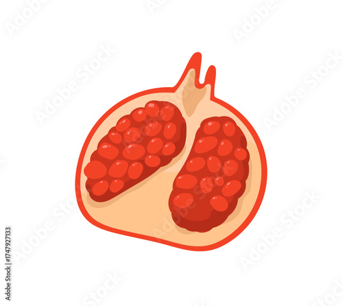 Icon of pomegranate half. Fresh garnet fruit with seeds. Tropical food with vitamins, juicy exotic eating. Product for healthy nutrition. Flat isolated vector illustration on white background