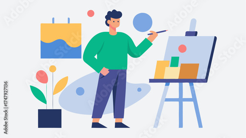 An artist illustrating on a canvas with a paintbrush in hand surrounded by palettes and unfinished artwork demonstrating the traditional aspect of graphic design.