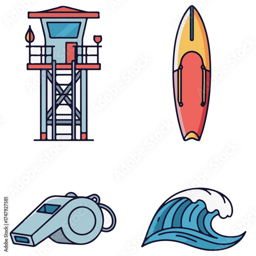 Vibrant Lifeguard, Surf, and Beach Safety Equipment Icons