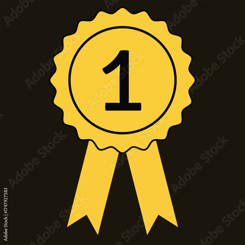 Gold number one award rosette vector illustration of first place achievement isolated on a dark background