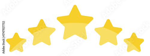 Five yellow stars in a row flat vector illustration for rating and review systems isolated on white background