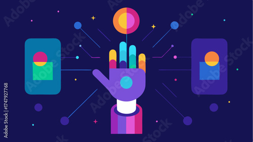 A holographic interface design allowing users to manipulate and organize data using hand gestures displaying a vibrant color spectrum.